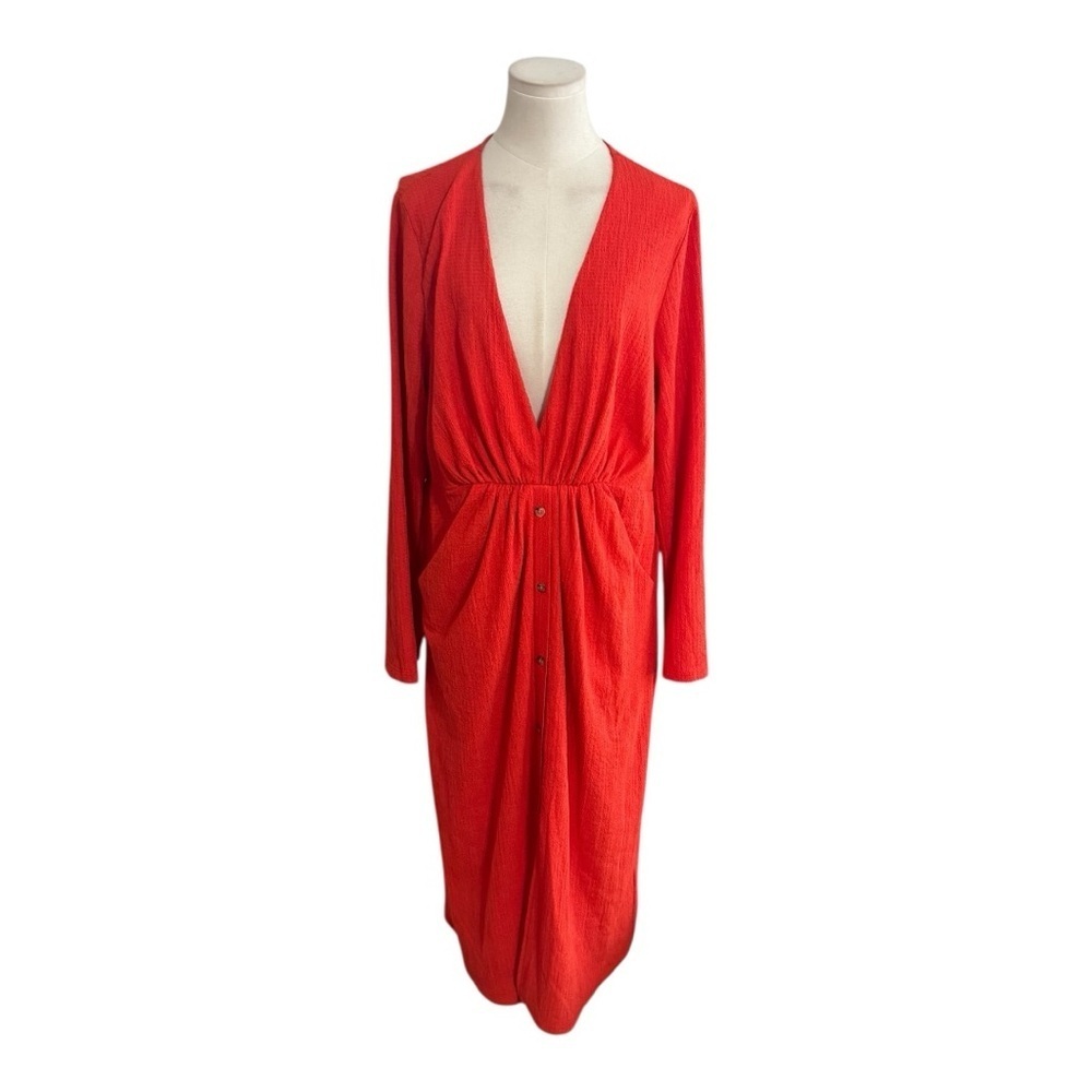 ASOS Bold Orange Textured Dress V Nexk Long Sleeve Midi Buttons Size 12 XL Flowy